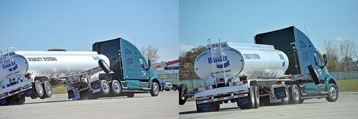 These photos compare the difference as a tractor/trailer performs the same maneuver with the Bendix Electronic Stability Program system off (pictured left) and with the system on (right). The vehicle is equipped with outriggers for safety on the test track. The outriggers are installed during demonstrations to keep the vehicle from rolling over.